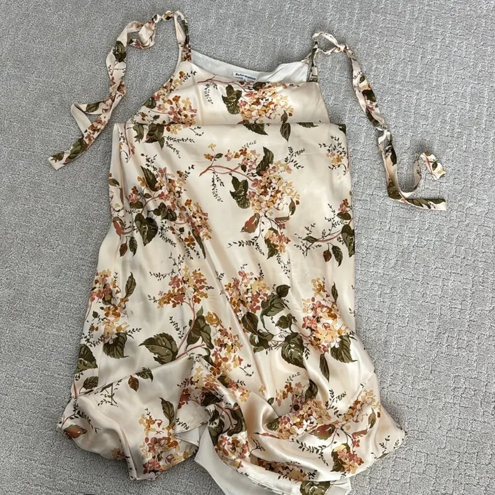 Reformation Aden 100% Silk Dress in “Bella” floral print cream sleeveless midi - Picture 7 of 11